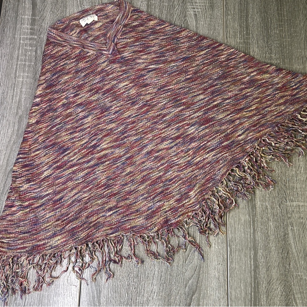 Multicolor Knit Poncho with Fringe